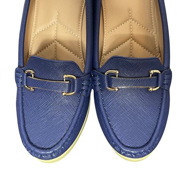 Carlton London Textured Moc-Toe Wedges in Navy Blue with gold accents, size US 9 - Picture 7 of 14
